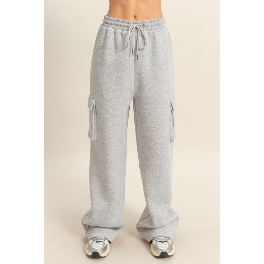 Double Zero Heather Grey Cotton Blend Terry Wide Leg Cargo Sweatpants
